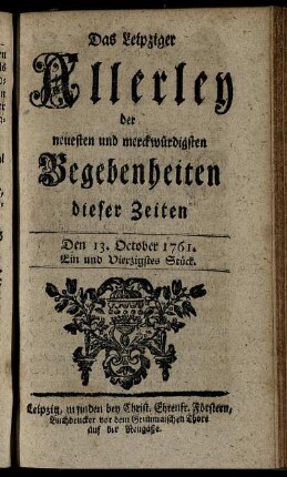 Den 13. October 1761. Ein und Vierzigstes Stück.