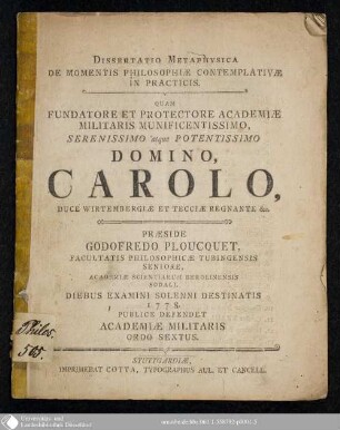 Dissertatio Metaphysica De Momentis Philosophiae Contemplativae In Practicis