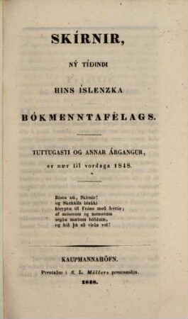Skírnir : tímarit hins islenska bókmenntafélags. 1848
