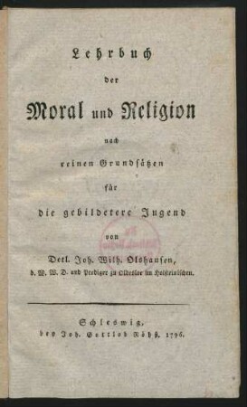 Lehrbuch der Moral und Religion nach reinen Grundsätzen für die gebildetere Jugend