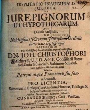 Disp. inaug. iur. de iure pignorum et hypothecarum