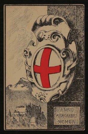 Ansichtskarte von Hermann Bahr an Hofmannsthal mit Wappen des Roten Kreuzes und der Festung Hohensalzburg