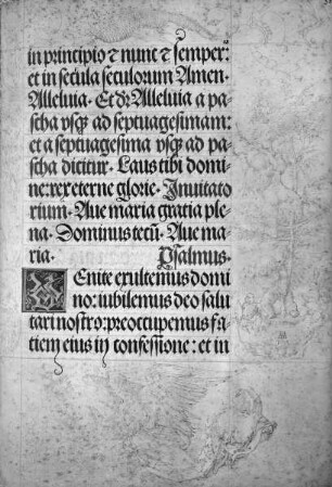 Gebetbuch Kaiser Maximilians I. — Putten in einem Baum; oben Drache; unten Verkündigungsengel (zur Maria aus fol. 35v), Folio 36recto