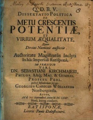 Diss. polit. de metu crescentis potentiae et virium aequalitate