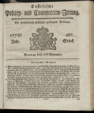 48tes Stueck, Montag den 30ten November. 1778