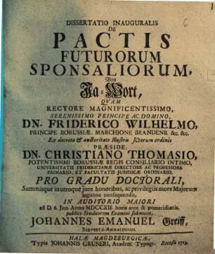 Dissertatio iuridica de pactis futurorum sponsaliorum, Von Ja-Wort