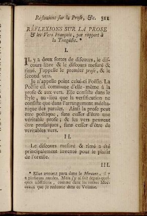 Réflexions Sur La Prose & les Vers François, par rapport à La Tragédie.