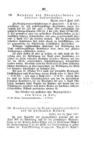 Sommerferien im Regierungsbezirk Cassel und im Fürstentum Waldeck : [B. Allgemeine Angelegenheiten der Unterrichtsanstalten]