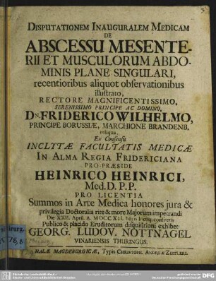 Disputationem Inauguralem Medicam De Abscessu Mesenterii Et Musculorum Abdominis Plane Singulari : recentioribus aliquot observationibus illustrato ...