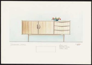 Sideboard im nordischen Stil mit Maßangabe und Draufsicht, zweitürig, rechts drei Schieber, Deko
