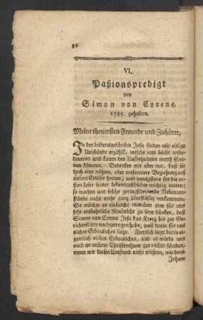 VI. Paßionspredigt von Simon von Cyrene 1785 gehalten