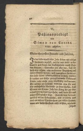 VI. Paßionspredigt von Simon von Cyrene 1785 gehalten