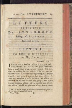 Letters To And From Dr. Atterburry, Bishop of Rochester