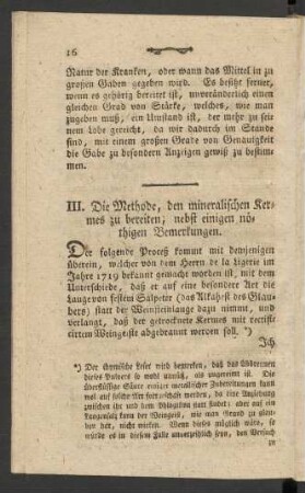 III. Die Methode, den mineralischen Kermes zu bereiten,nebst einigen nöthigen Bemerkungen