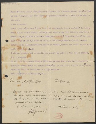 Vereinbarung über die Übertragung der Firma Schott frères (Brüssel) an Otto Junne junior