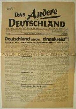 Pazifistische Wochenzeitung "Das Andere Deutschland" zur internationalen Isolation Deutschlands
