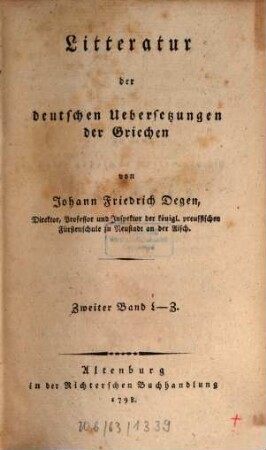 Litteratur der deutschen Uebersetzungen der Griechen. 2, L - Z