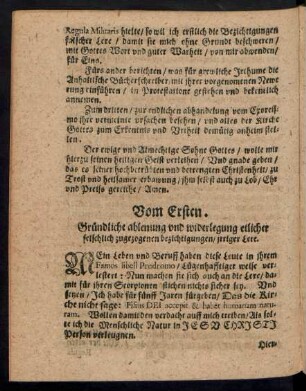 Vom Ersten. Gründliche ablenung und widerlegung etlicher felschlich zugezogenen bezichtigungen/ irriger Lere.