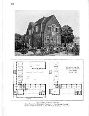Abbildung und Karte. Fritz Schumacher, Hamburg. Oben Institut für Geburtshilfe, Hamburg - Wohnhaus des Inspektors. Unten Lehrerinnen-Seminar an der Holteweide, Hamburg - Grundriss