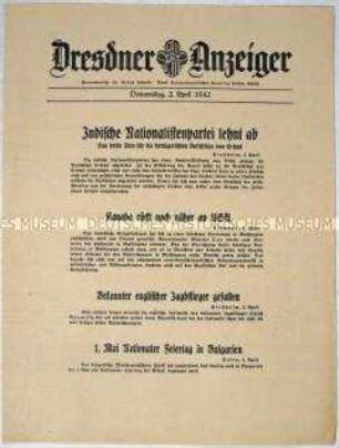 Nachrichtenblatt "Dresdner Anzeiger" mit internationalöen Kurzmeldungen