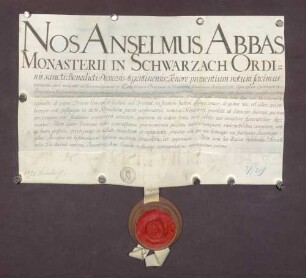 Lehen-Revers des Abts Anselm gegen den Bischof August wegen erhaltener Belehnung über das von dem Stift Speyer zu Lehen rührende Kloster Schwarzach