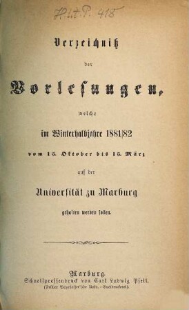 Verzeichnis der Vorlesungen. 1881/82. WH.