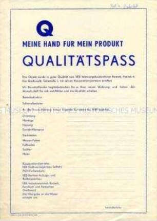 Vordruck eines Qualitätspasses des VEB Wohnungsbaukombinat Rostock (blanko)