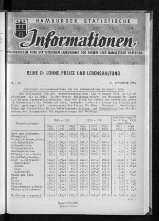 Hamburger Preisindexziffern für die Lebenshaltung im August 1954 : Nr. 16