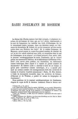 Rabbi Joselmann de Rosheim / [I. Kracauer]