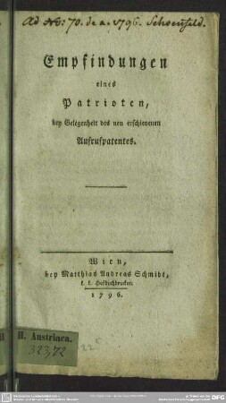 Empfindungen eines Patrioten, bey Gelegenheit des neu erschienenen Aufrufpatentes