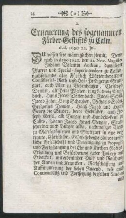 2. Erneuerung des sogenannten Färber-Gestiffts zu Calw.