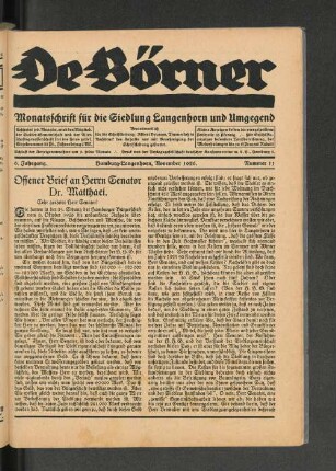 Offener Brief an Herrn Senator Dr. Matthaei.
