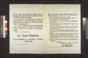 Druckbogen mit zwei Maueranschlägen: 1. Das Staatsministerium erklärt den Belagerungszustand über Berlin und desen zweimeiligen Umkreis; Berlin, 12. November 1848 2. General v. Wrangel gibt elf Verordnungen betr. des Belagerungszustandes bekannt; Berlin, 12. November 1848