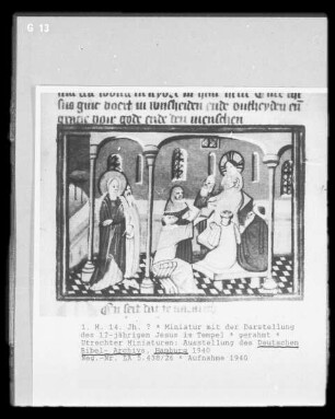 Miniatur mit der Darstellung des 12-jährigen Jesus im Tempel