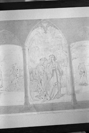 Rietschel, Ernst: Gedenkblatt für die Dresdner Freunde (Tanzpaar). Bleistift, Pinsel, Bleiweißhöhung (oxydiert) / elfenbeinfarbiges Velin; 51,4 x 70,7 cm. Aug. 1826. Mittelteil des Blattes. Pulsnitz, St.-Nicolai-Kirche, WVZ 168