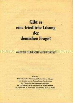 Sonderdruck zu einer Veranstaltung mit Walter Ulbricht und Walter Schmitt in der Werner-Seelenbinder-Halle zur Volksbefragung gegen die Remilitarisierung