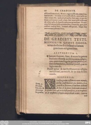 De Gradibus Testimoniorum Quibus Discernitur doctrina Ecclesiae ab aliarum gentium religionibus.