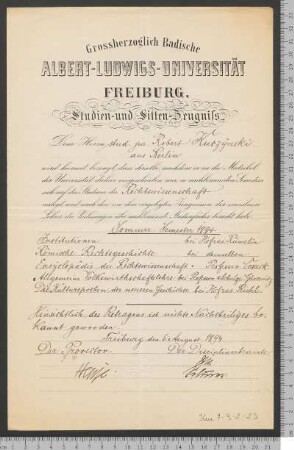 Abgangszeugnis von der Albert-Ludwigs-Universität Freiburg