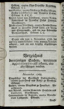 Verzeichnis dererjenigen Sachen, worinnen Appellations-Processe erkannt, oder abgeschlagen worden.