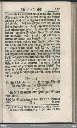 Num. 28. Kaysers Maximiliani I. Herzogs-Brieff für Graf Eberhard zu Würtemberg