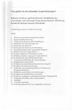 Was gehört in ein nationales Gesprächskorpus? : Kriterien, Probleme und Prioritäten der Stratifikation des "Forschungs- und Lehrkorpus Gesprochenes Deutsch" (FOLK) am Institut für Deutsche Sprache (Mannheim)