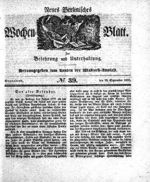 No. 39, Sonnabend, den 26.September 1835