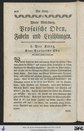 Vierte Abtheilung. Prosaische Oden, Fabeln und Erzählungen.