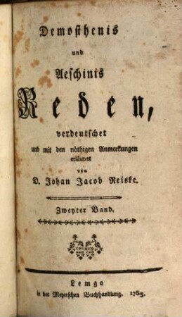 Demosthenis und Aeschinis Reden, Zweyter Band