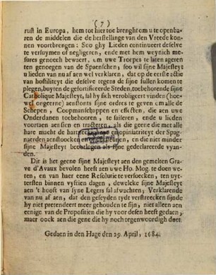 Memorie Van den Heere Grave d'Avaux, Extraordinaris Ambassadeur van sijne Aller-Christelijckste Majesteyt, Aen haer Hoogh Mogende, Overgegeven den 29. April, 1684