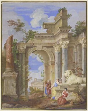 In den Ruinen römischer Architektur die drei Parzen, rechts ein Löwe aus Marmor