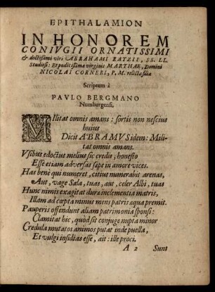 Epithalamion In Honorem Coniugii Ornatissimi et doctißimi viri Abrahami Ratzii ...