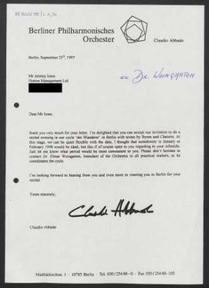 Brief an Jeremy Irons, 23.09.1997
