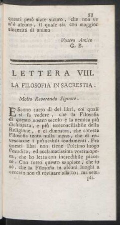 Lettera VIII. La Filosofia In Sacrestia