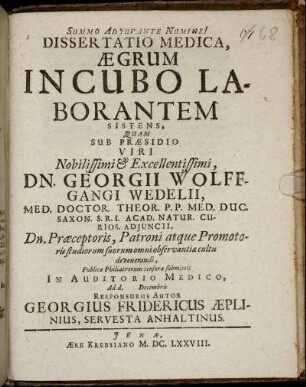 Dissertatio Medica, Aegrum Incubo Laborantem Sistens